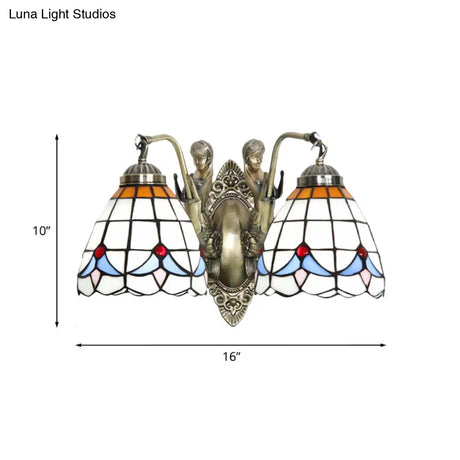 Baroque Mermaid Metal Wall Light With Art Glass Shade - White/Blue Sconce 2-Head Design
