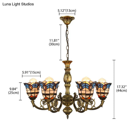 Baroque Peacock Tail Chandelier With 6 Vintage Stained Glass Pendants In Antique Bronze