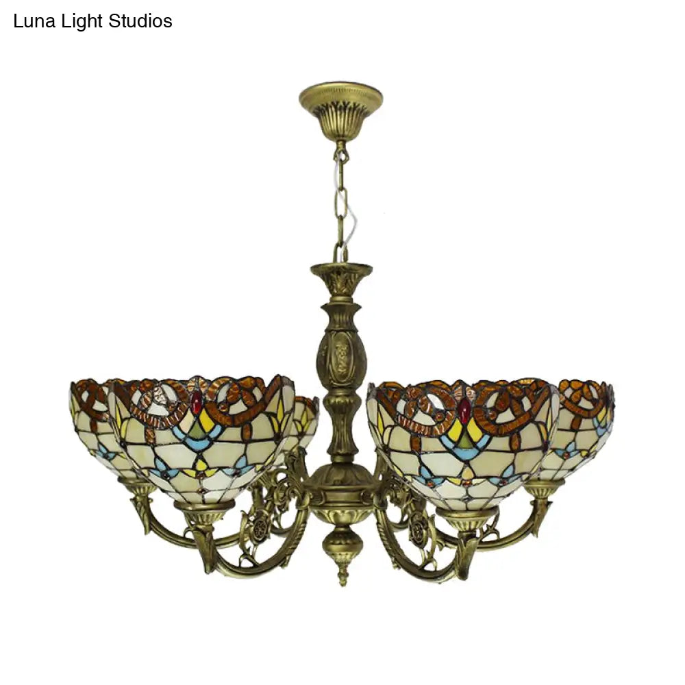 Baroque Peacock Tail Chandelier With 6 Vintage Stained Glass Pendants In Antique Bronze
