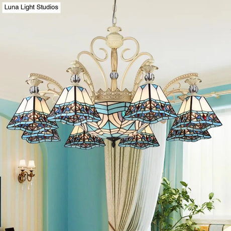 Baroque Stained Glass Pyramid Chandelier with 11 Blue Lights Elegant Ceiling Suspension Lamp Blue
