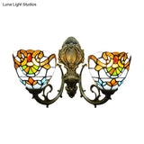 Baroque Stained Glass Wall Sconce With Curved Arm - Aged Brass Finish