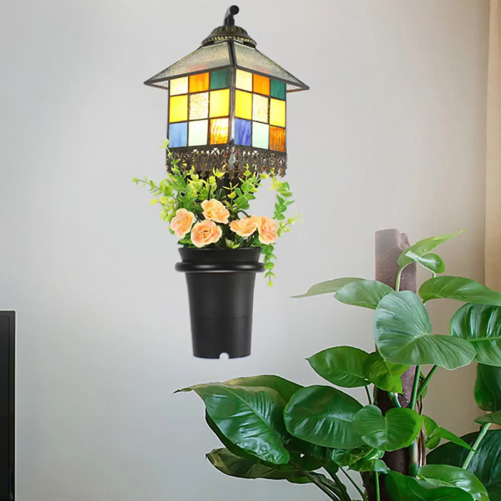 Baroque Stained Glass Wall Sconce With Flower Decoration - Clear/Blue Light Clear