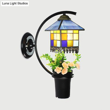 Baroque Stained Glass Wall Sconce With Flower Decoration - Clear/Blue Light