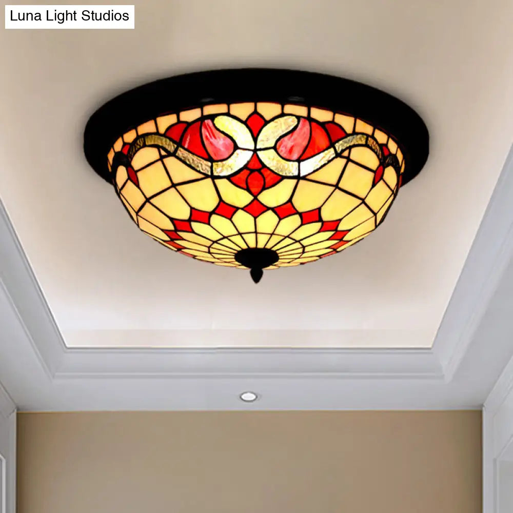 Baroque Style Led Ceiling Light For Bedroom - Stained Glass Black Flushmount Bowl Shape