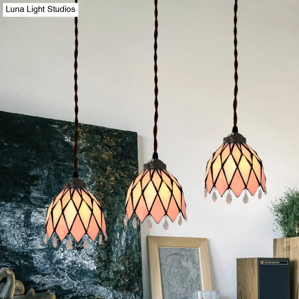 Baroque Style Pink Stained Glass Pendant Light Kit For Dining Room With 3 Bulbs