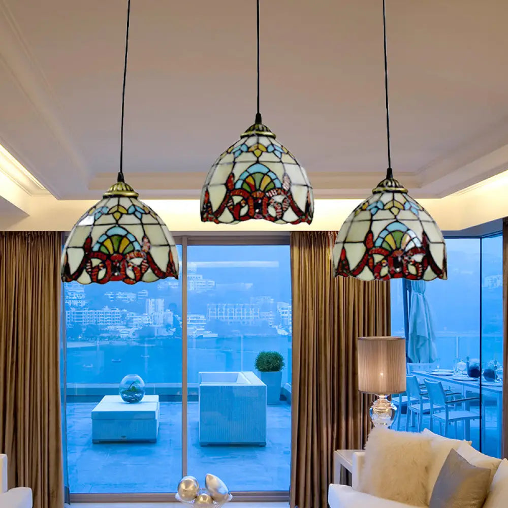 Baroque Style Stained Glass Pendant With 3 Lights - Brown/Black Linear Ceiling Fixture For Dining