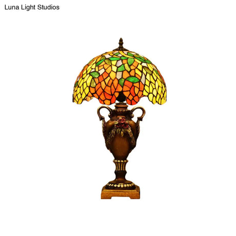 Baroque Wisteria Stained Glass Night Table Lamp With Bronze Trophy Base