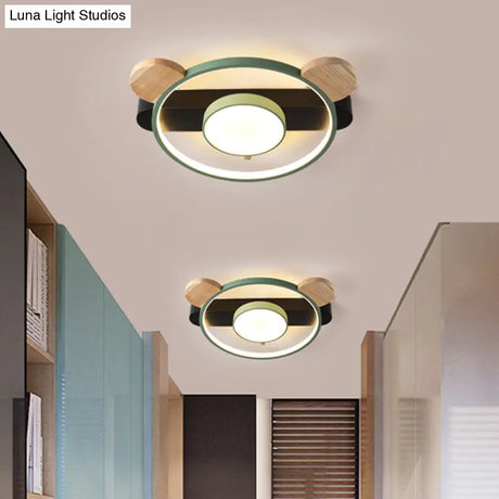 Bear Design Acrylic Led Ceiling Flush Light - Cartoon White/Green Wood Finish