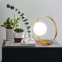 Beatrice - Gold Ring Table Lamp Postmodern 1 Bulb Iron Nightstand Light With Ball Opaline Glass