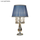 Beige/Burgundy/Sky Blue Traditional Nightstand Lamp With Crystal Beads And Bell/Pleated Shade For