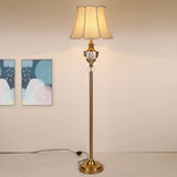 Beige Crystal Bowl Floor Lamp: Countryside Stand Up Light With Bell Fabric Shade