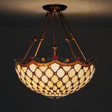 Beige Glass Semi Flush Tiffany Style Ceiling Mount With Beaded Accents - 16’/18’ Wide 2-Light