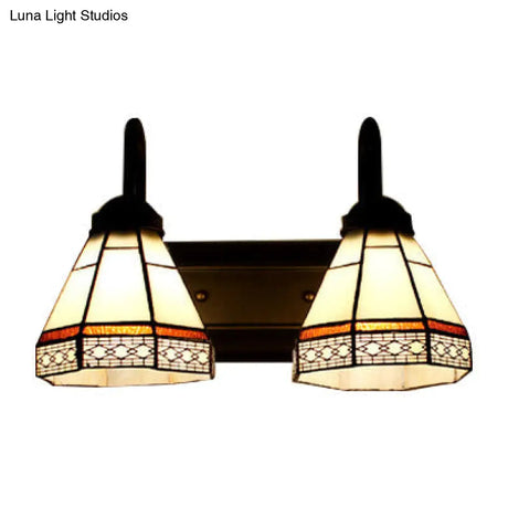 Beige Glass Tiffany Sconce With Conical Shade - Wall Mounted 2-Headed Black Light Fixture