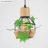 Beige Hanging Lamp: Country Style Metal & Rope Pendant Lighting For Coffee Shop