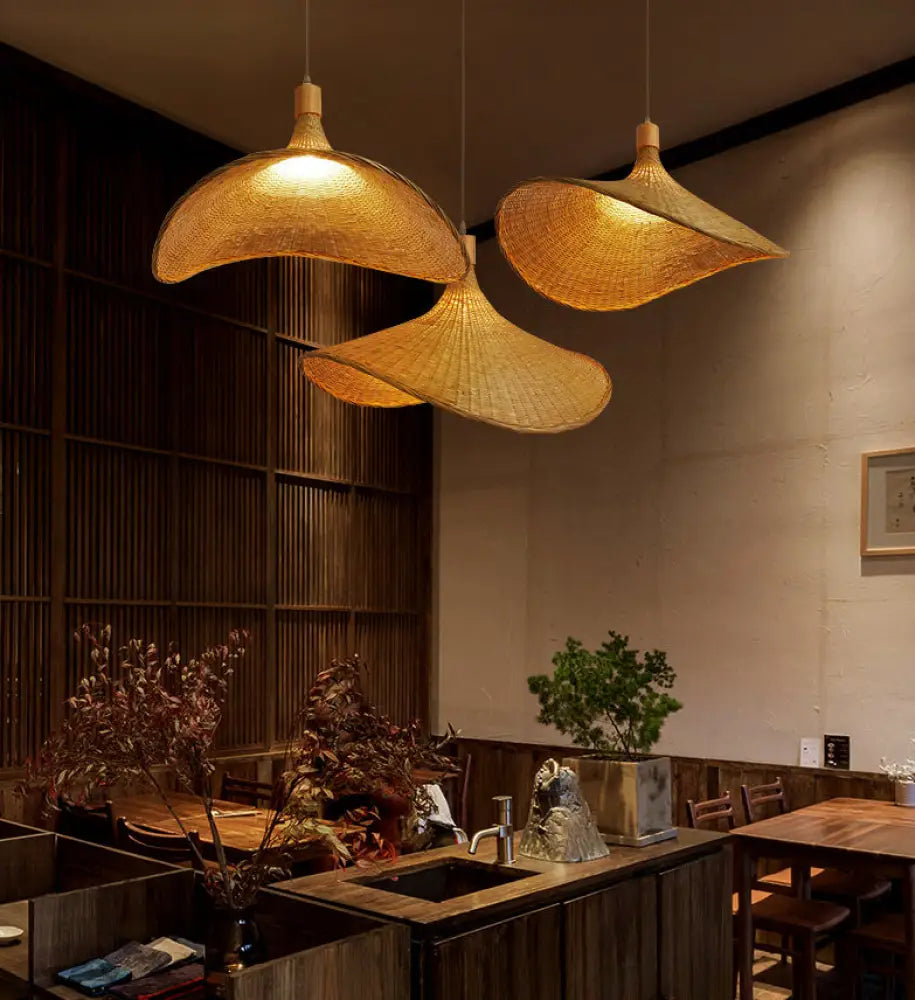 Beige Straw Hat Shape Hanging Lamp Kit Asian 1-Light Rattan Ceiling Pendant Light For Dining Table