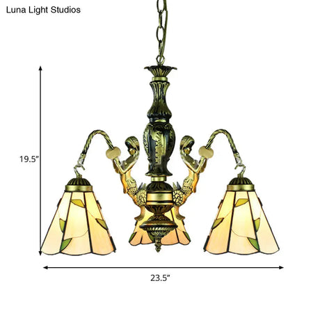 Beige Tiffany 3-Light Chandelier: Mermaid Cut Glass Pendant For Dining Room