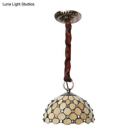 Beige Tiffany Glass Bowl Suspension Lamp: Elegant 1-Bulb Ceiling Light Fixture With Jewel Deco