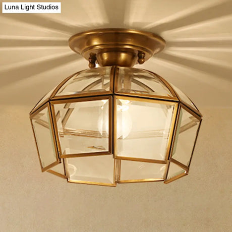 Beveled Colonial Ceiling Flush Mount Light Fixture - 1 Bulb Clear Glass Brass