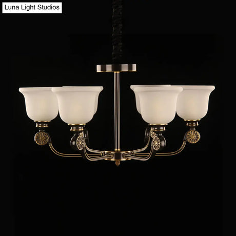 Black And Gold Sandblasted Glass Bell Pendant Chandelier - 6 Bulb Ceiling Lamp Traditional Style