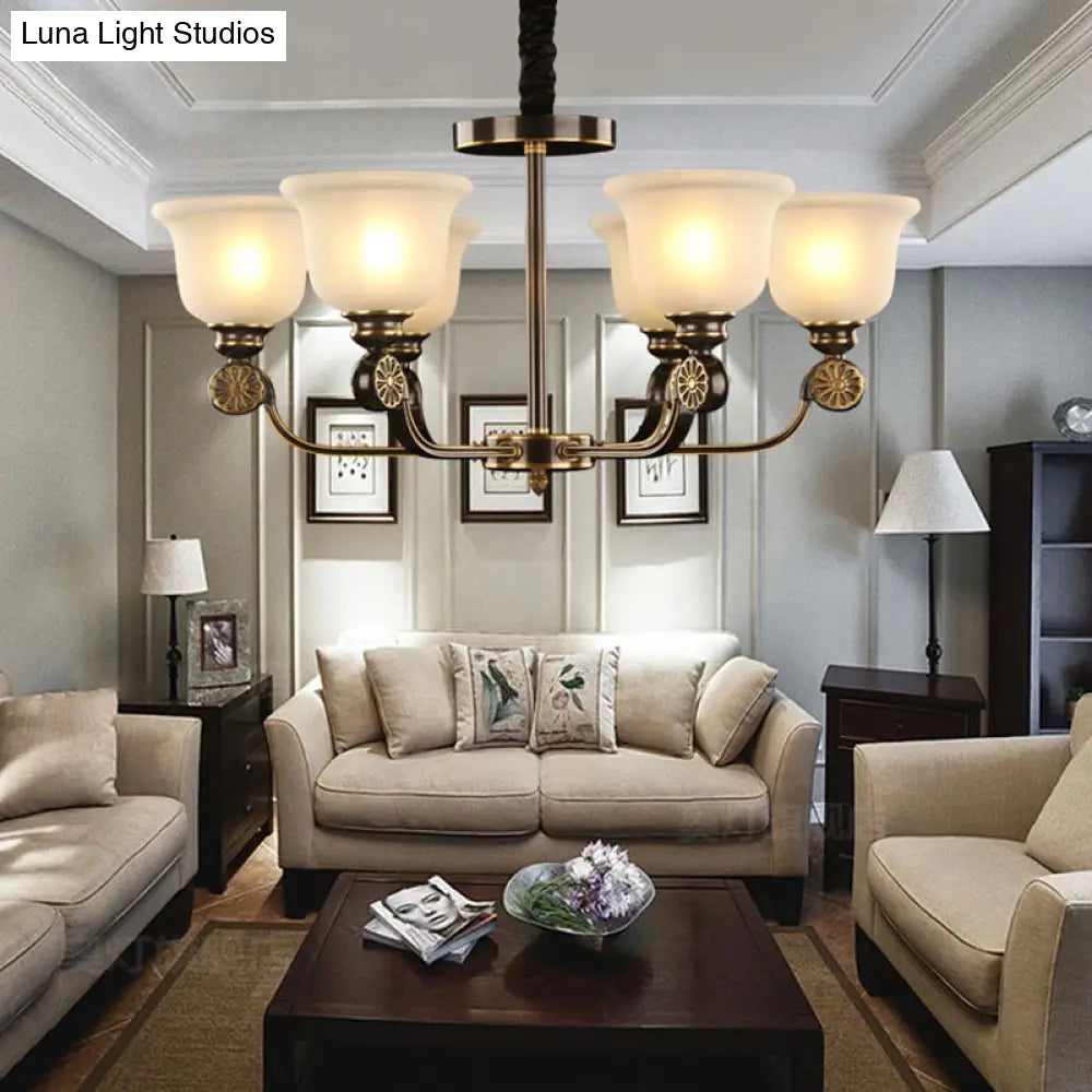 Black And Gold Sandblasted Glass Bell Pendant Chandelier - 6 Bulb Ceiling Lamp Traditional Style