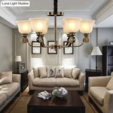 Black And Gold Sandblasted Glass Bell Pendant Chandelier - 6 Bulb Ceiling Lamp Traditional Style
