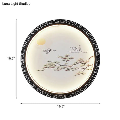 Black Bird And Tree Branch Led Wall Mount Light Fixture - Asian Style With Fabric Shade
