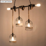 Black Birdcage Island Pendant Light With Jute Rope Cord - 5 Bulbs Factory Metal Design