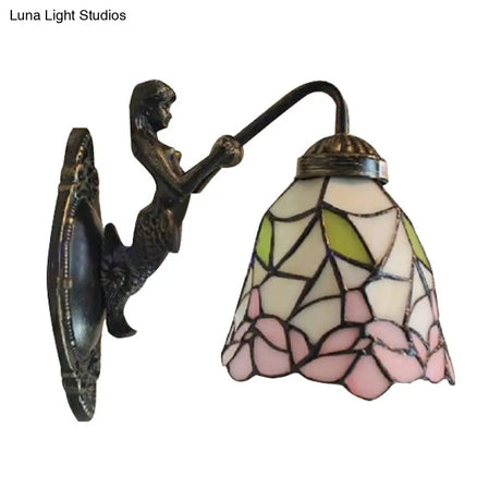 Black/Brass Flared Stained Glass Sconce - Baroque Style Wall Mounted Light Fixture