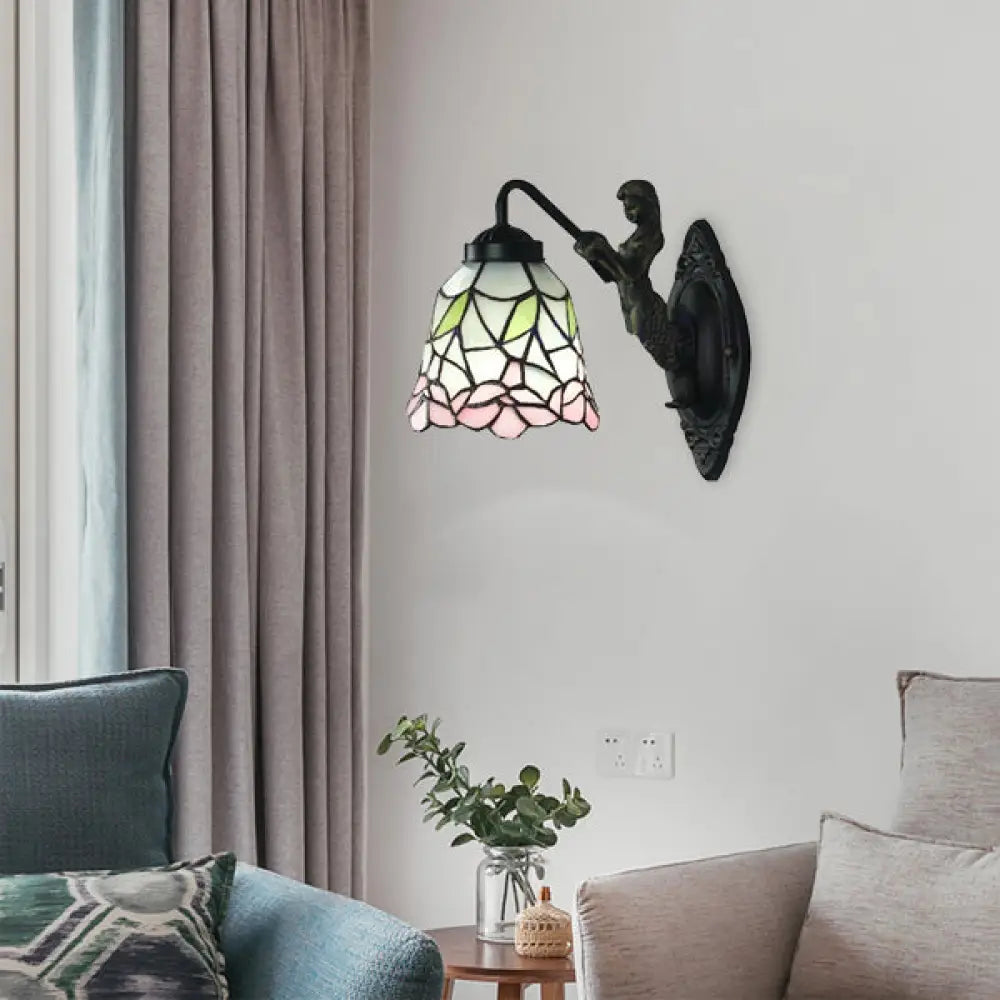 Black/Brass Flared Stained Glass Sconce - Baroque Style Wall Mounted Light Fixture Black