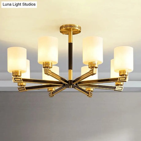 Black & Brass Satin Opal Glass Ceiling Chandelier For Antique Living Room