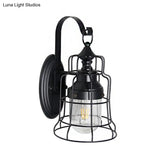 Black Caged Wall Light With Inner Glass Shade For Coastal Style Decor