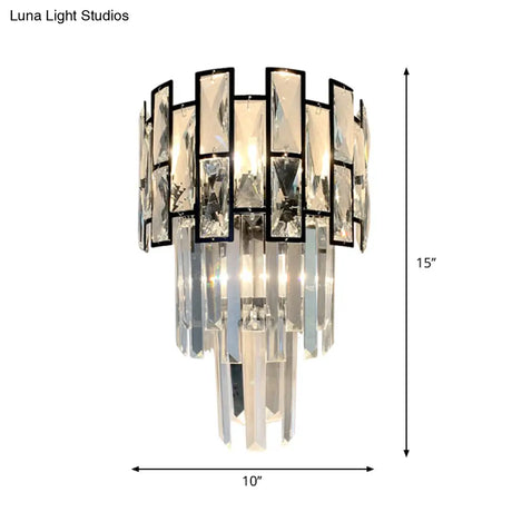 Black Crystal Embedded Wall Sconce - Contemporary Tapered Flush Mount With 3 Heads
