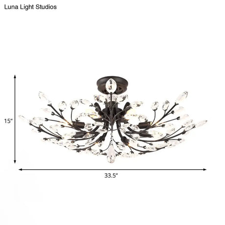 Black Crystal Leaf Semi Flush Mount Light - Modern Metal Ceiling Fixture With 6/8/10 Lights