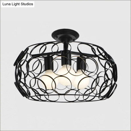 Black Drum Design Semi Flush Light - Vintage Retro Metallic 3-Head Foyer Mount 16’/16.5’ W
