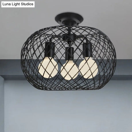 Black Drum Design Semi Flush Light - Vintage Retro Metallic 3-Head Foyer Mount 16’/16.5’ W
