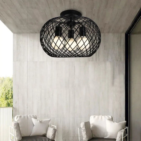 Black Drum Design Semi Flush Light - Vintage Retro Metallic 3-Head Foyer Mount 16’/16.5’ W / 16.5’