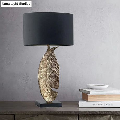 Black Fabric Table Lamp With Leaf-Shaped Metal Base - Modern 1-Light Night Lighting For Bedroom
