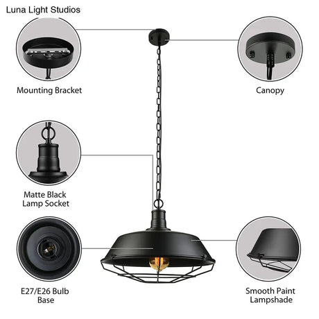 Black Farmhouse Barn Ceiling Light: Stylish Cage Shade Pendant Lamp (1 Bulb) - 10’/14’/18’ Diameter