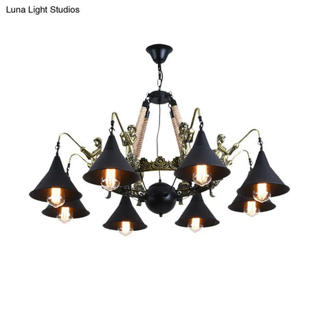Black Industrial Bell Chandelier Light W/ Mermaid Deco - Metal/Rope Suspension | 6/8 Bulbs