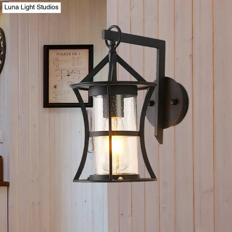 Black Industrial Sconce Light With Clear Glass Cylinder And Rectangle/Round Backplate