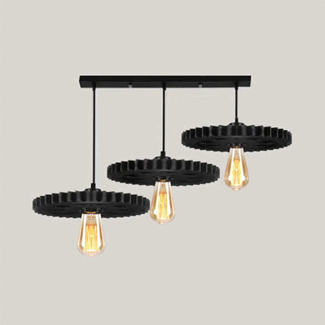Black Industrial Style Metal Pendant Light With Open Bulb And Gear Decoration / Linear