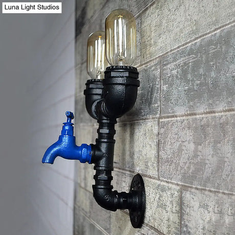 Black Iron Wall Mount Industrial Light With Water Tap Deco - 2 Lights Perfect For Corridors
