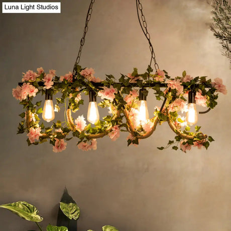 Black Metal 4-Light Linear Island Lamp With Hanging Artificial Plant - Lodge Style