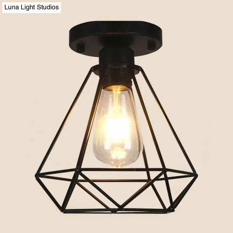Black Metal Diamond Cage Pendant Light For Coffee Shop & Loft - Semi Flush Mount Chandelier