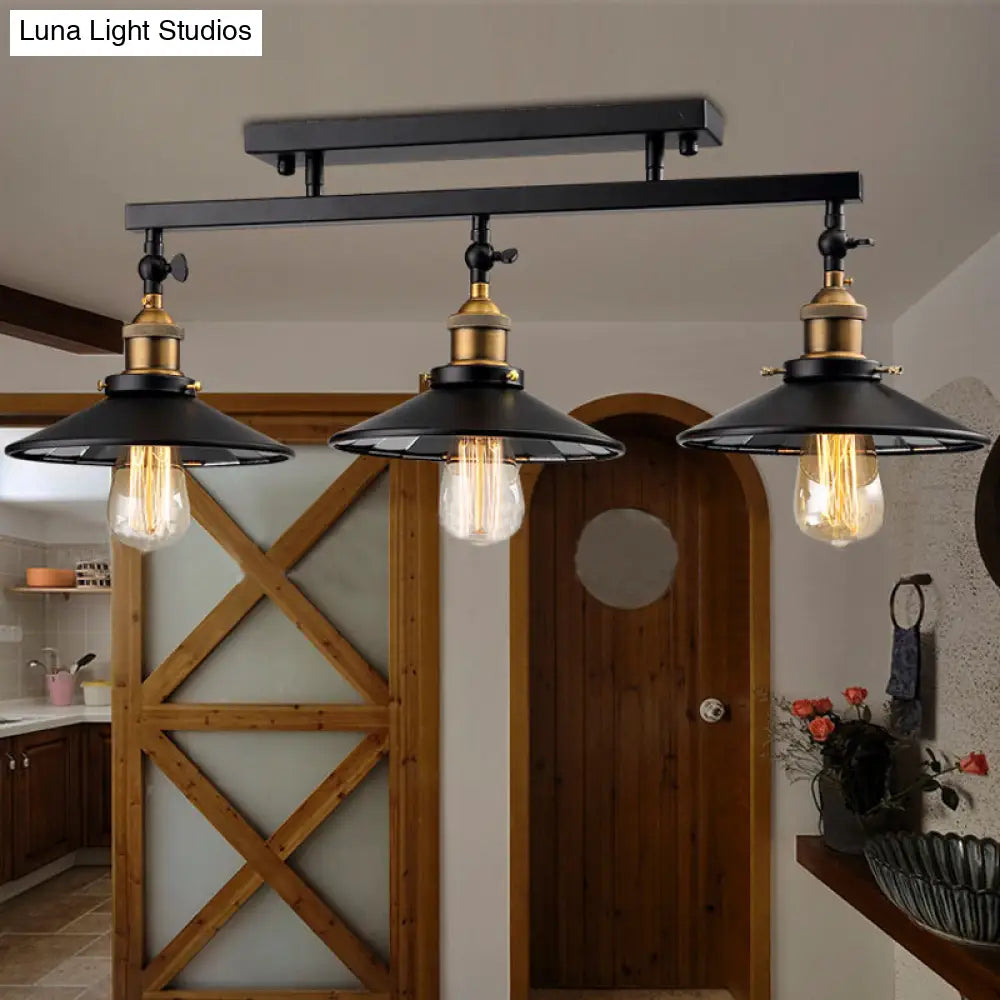 Black Metal Vintage Island Ceiling Light Fixture With Cone Shades - 3 Heads Stylish For Living Room