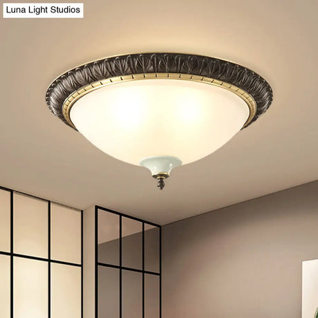 Black Milk Glass Ceiling Lamp With Leaf/Flower Trim - Traditional 3-Head Flush Mount