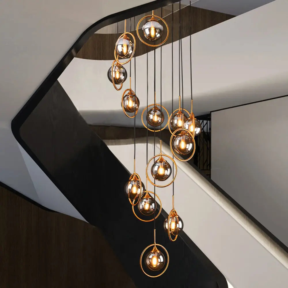 Black Modernist Cluster Pendant Light With 13 Glass Shades / Smoke Gray A