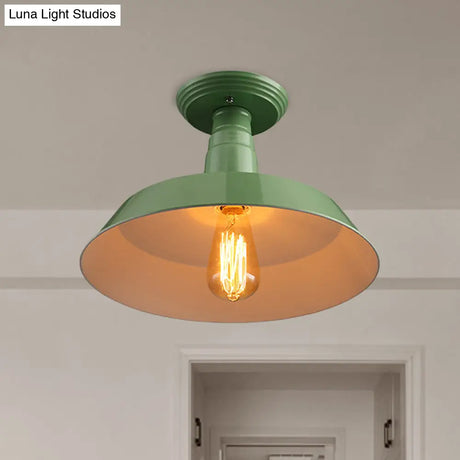 Black/Red Industrial Style Semi Flush Ceiling Light Fixture For Corridor - Metallic Barn Shade