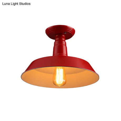 Black/Red Industrial Style Semi Flush Ceiling Light Fixture For Corridor - Metallic Barn Shade