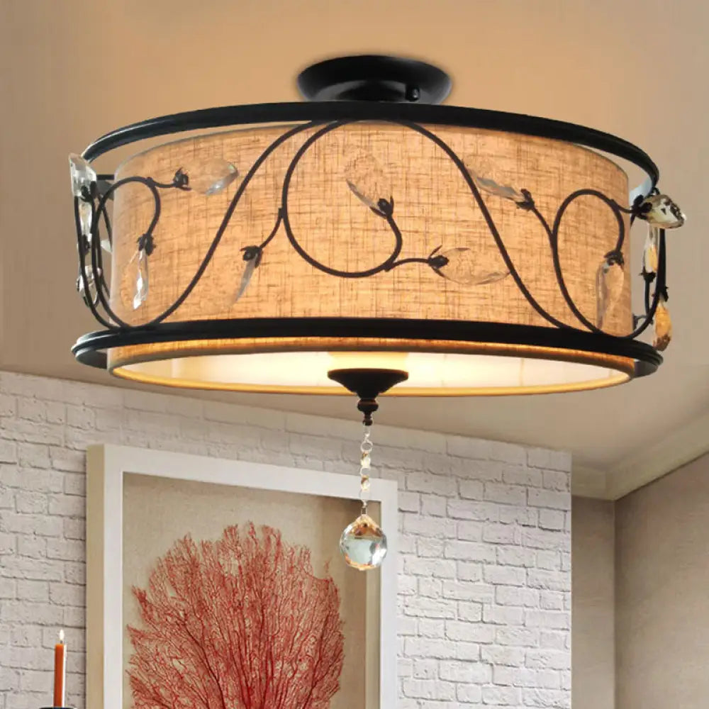 Black Rustic Branch Semi Flush Mount Ceiling Light With Crystal Draping - 4 Lights 14’/21.5’